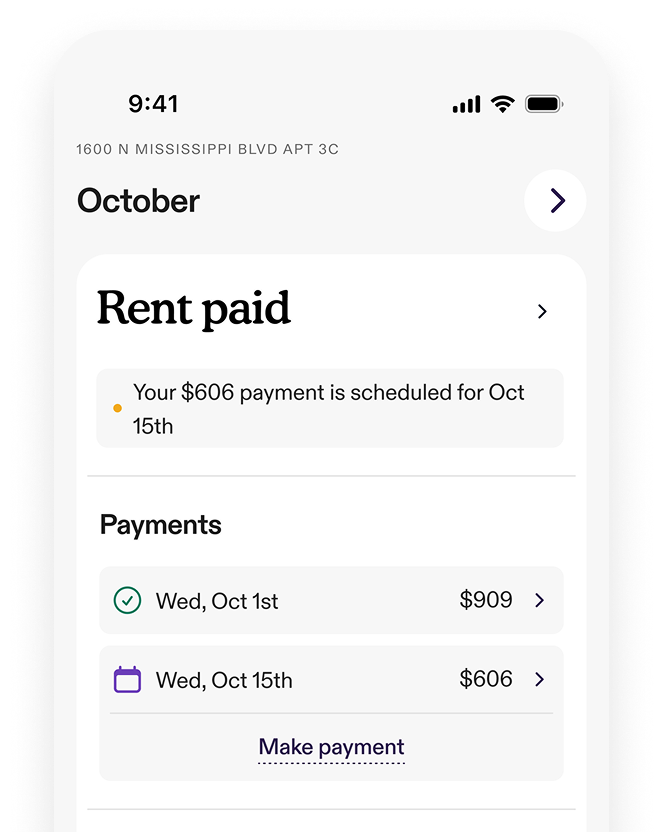 App screen showing first rent payment completed with amount and second payment’s scheduled date and amount for the month